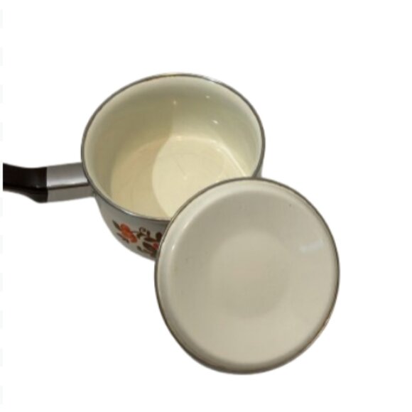 Small 1970s enamel vintage pan orange and brown flower pattern with brown lid - Picture 3 of 4